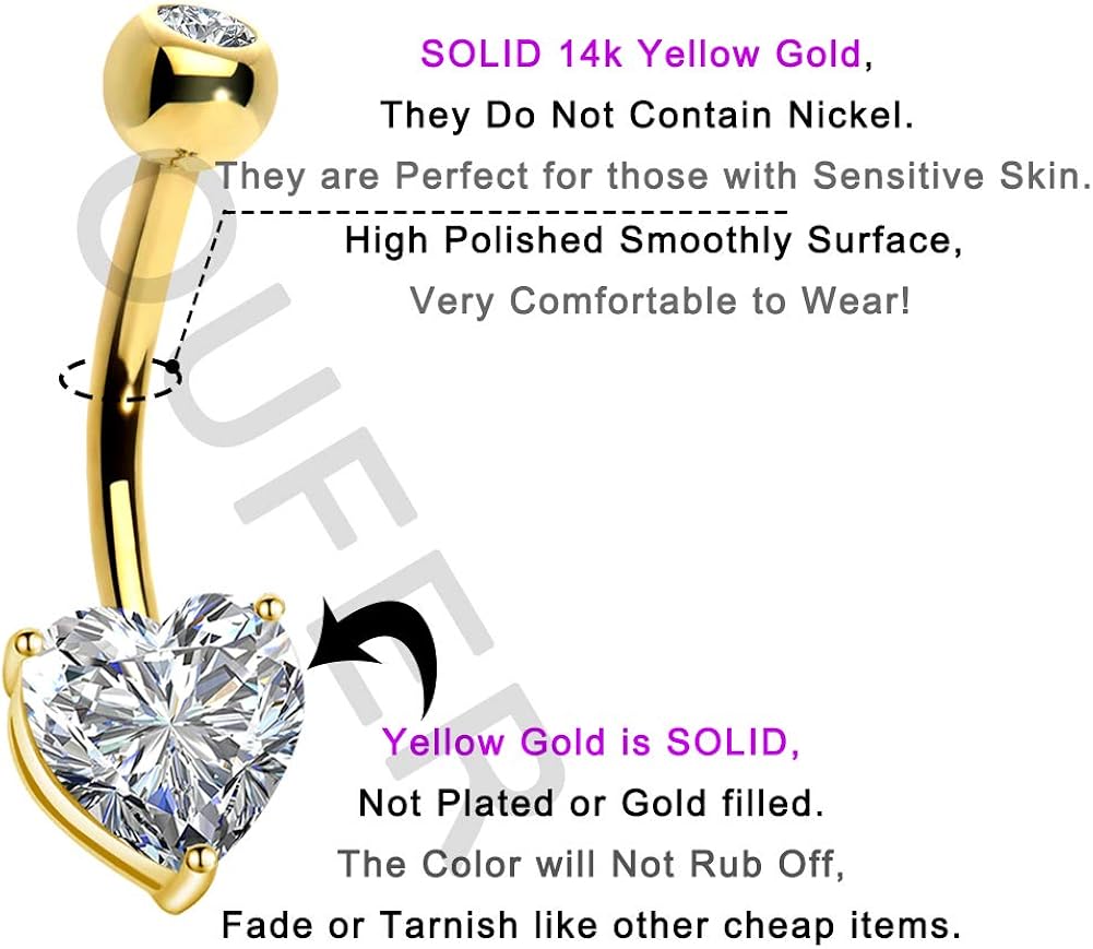 OUFER 14K Gold Heart Solitaire Cubic Zirconia Belly Button Rings Navel Bars Body Piercing Jewellery Valentine's Day Gifts in 14Gauge for Women - Image 5