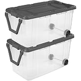 160 Quart Wheeled Stacker, Extra Large Durable Clear Bin, Latch Lid and Pull Handle, Gray, 2 Count