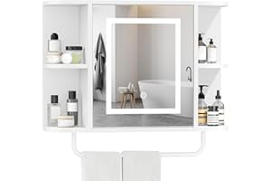 MAHANCRIS Bathroom Wall Cabinet with Mirror, Mirrored Medicine Cabinet with 3 Colors LED Light and 4 Open Shelves, Wall Mount