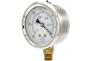 PIC Gauges PRO-201L-254A 30"-0 hg Vacuum PSI Pressure Gauge, 2 1/2" Dial, 1/4" Male NPT Connection, Bottom Mount, Dual Scale, Glycerin Filled, Stainless Steel Case/Bezel, Brass Internals & Plastic Lens