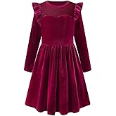 Little Bitty Girls' Gold Velvet Long Sleeve Dress, Crew Neck Pockets Pleated A Line Polka Dot Mesh,Stretch Casual 4-13 Years