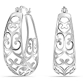 Charmsy 18K Gold-Plated 925 Sterling Silver Post Filigree Hoop Earrings for Women | Silver Post Oval Hoops Earring | Size 25mm, 32mm