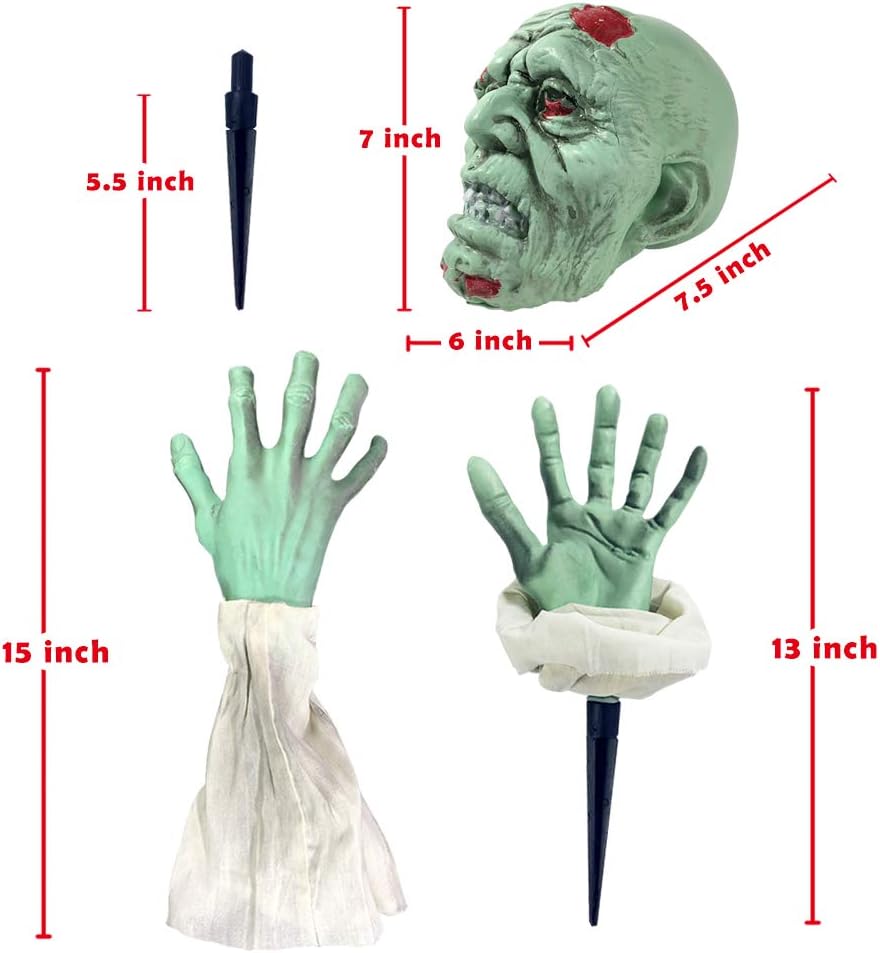 Halloween Decorations - Halloween Realistic Zombie Face and Arms Lawn Stakes - Plastic Green Skeleton Bone Head and Hands Garden Yard Stakes for Haunted House Graveyard, Cemetery, Coffin Party: Garden & Outdoor
