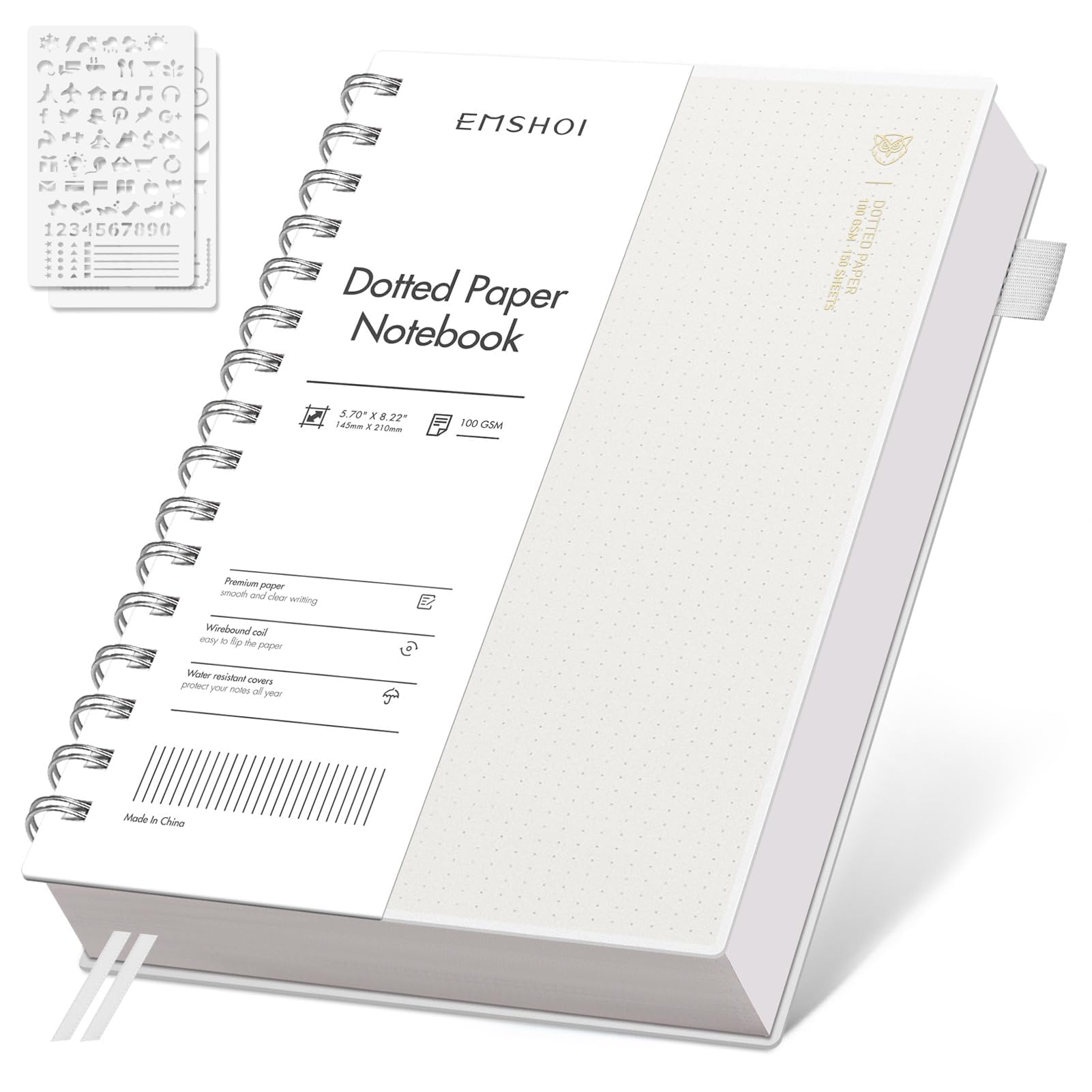 EMSHOI A5 Dotted Notebook, Spiral Notepad 150 Sheets/300 Pages, 100gsm, PVC Cover, Stencils, Pocket, Pen Loop, Ruler, Bookmark, Bullet Dot Grid Journal for Women Men Writing, 14.5 x 21cm, Transparent