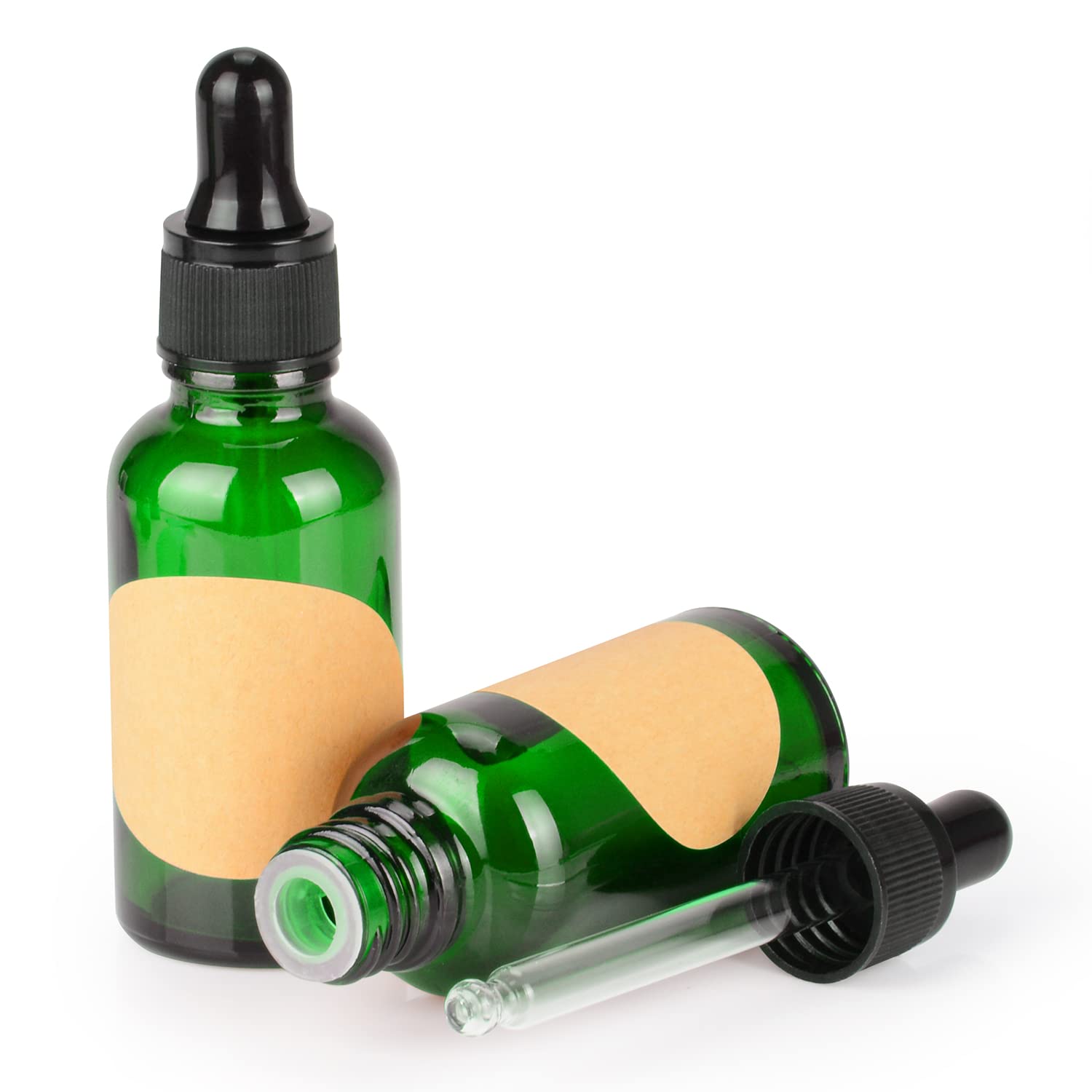 stonylab 30 ml 2-Pack Glass Dropper Bottle, Green Empty Bottle with Glass Dropper, Inner Plug and Label for Laboratory Solutions