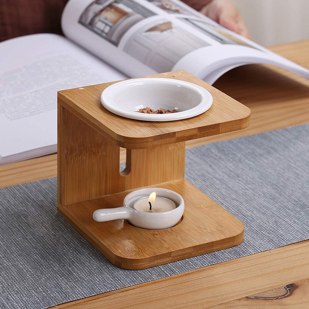Warm Wooden Essential Oil Burner Set of 1 Ceramic Scented Wax Melt Warmer Combuster with Tealight Decorative Candle Holder Aromatherapy Aroma Inflamer for Home Office Birthday Xmas Gifts (Option A)