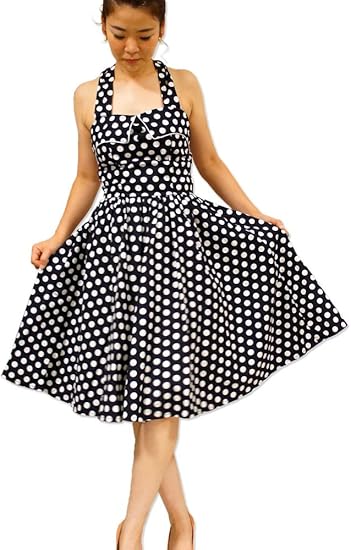 Amazon Co Jp S M L Xl ロカビリー ワンピース 水玉 ドット 黒 ホルターネック ひざ丈 ウエストギャザー 服 ファッション小物