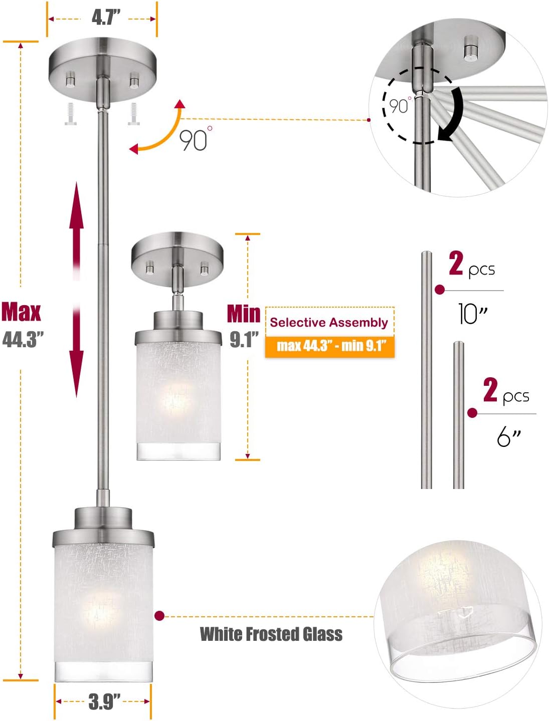 Mini Hanging Pendant Light, Jazava 1-Light Modern Hanging Ceiling Light for Farmhouse, Length Adjustable, White Linen Frosted and Clear Glass Shades with Brushed Nickel Finish - - 