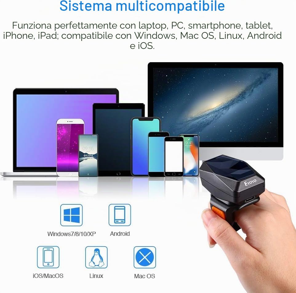 Eyoyo Wearable Finger Ring Barcode Scanner, 3 in 1 Mini USB Wired & 2.4G Wireless & Bluetooth Scanner, Image 1D QR Bar Code Reader PDF417 Data Matrix Screen Scan Compatible with Smartphone PC