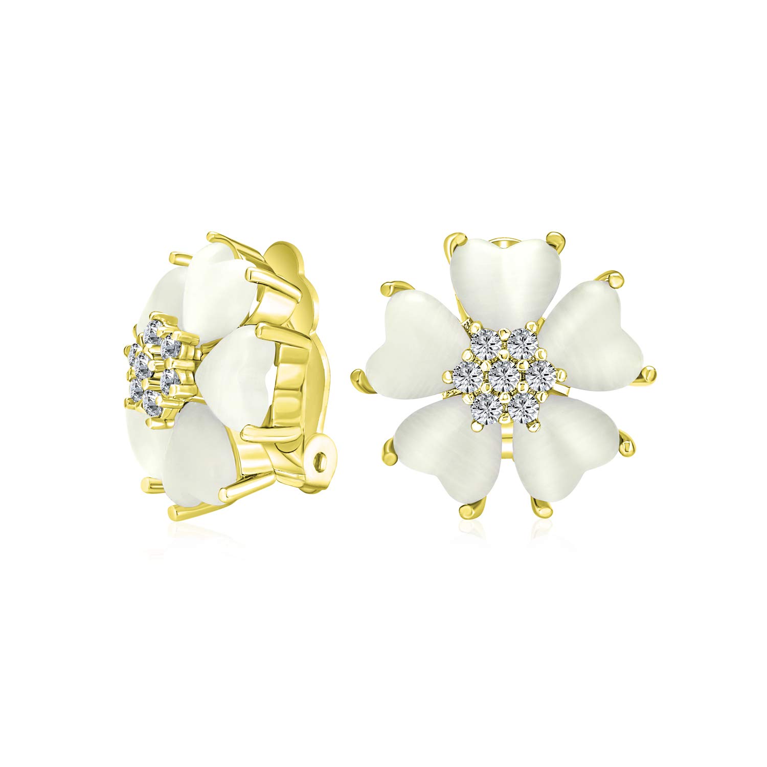 Romantic Cat Eye Gemstone Button-Style Heart-Shaped Petals Flower Clip-On Earrings for Women Yellow Gold Plated