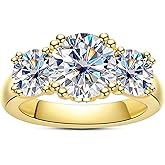 Idocare 3CT/5CT Moissanite Engagement 3 Stone Rings D Color VVS1 Round Cut 14K Yellow Gold Plated 925 Sterling Silver Promise Anniversary Rings for Women