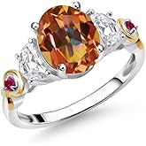 Gem Stone King 925 Silver and 10K Yellow Gold 3-Stone Ring Oval Ecstasy Mystic Topaz and Moissanite (2.50 Cttw)