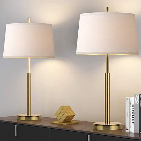 Amazon Com Oneach Modern Table Lamps Set Of 2 For Living Room Nightstand Side Table Lamps With White Drum Shade Bedside For Bedroom Study Office Gold Home Improvement