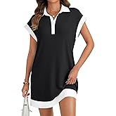 Rooscier Women's Ringer Collar Neck Ribbed Knit Button Down Short Sleeve Mini Dress with Pockets