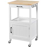 Yaheetech Rolling Kitchen Island Cart with Storage, 2 Tier, Wood Top, White | Small Kitchen Island on Lockable Wheels, Microwave Cart with Drawer, 6 Hooks, Cabinet for Dining/Living Room/Kitchen Bar
