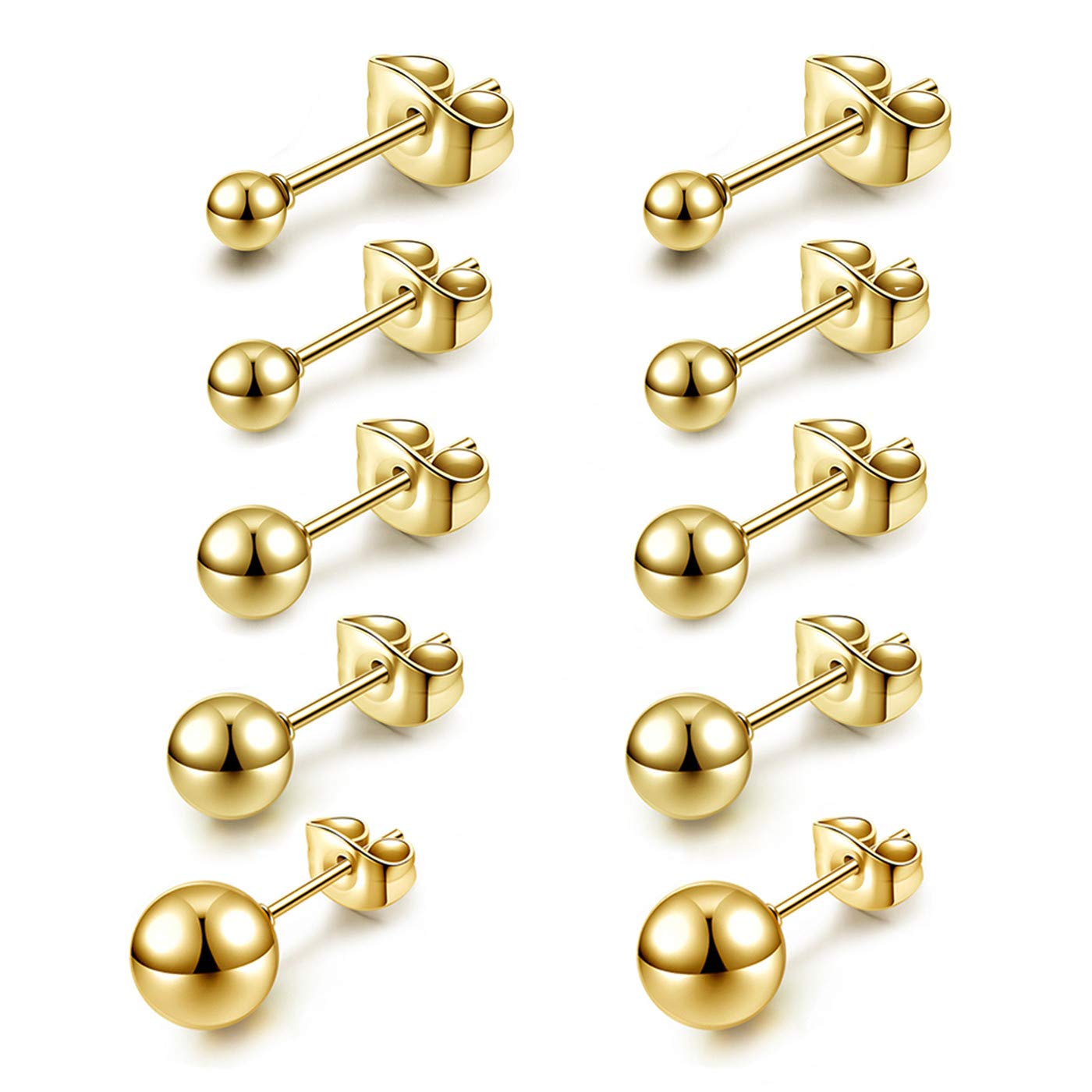 JSDDE Gold Round Ball Stud Earrings Stainless Steel Cartilage Hypoallergenic Studs Earrings for Women Men 3mm-8mm 5 Pairs