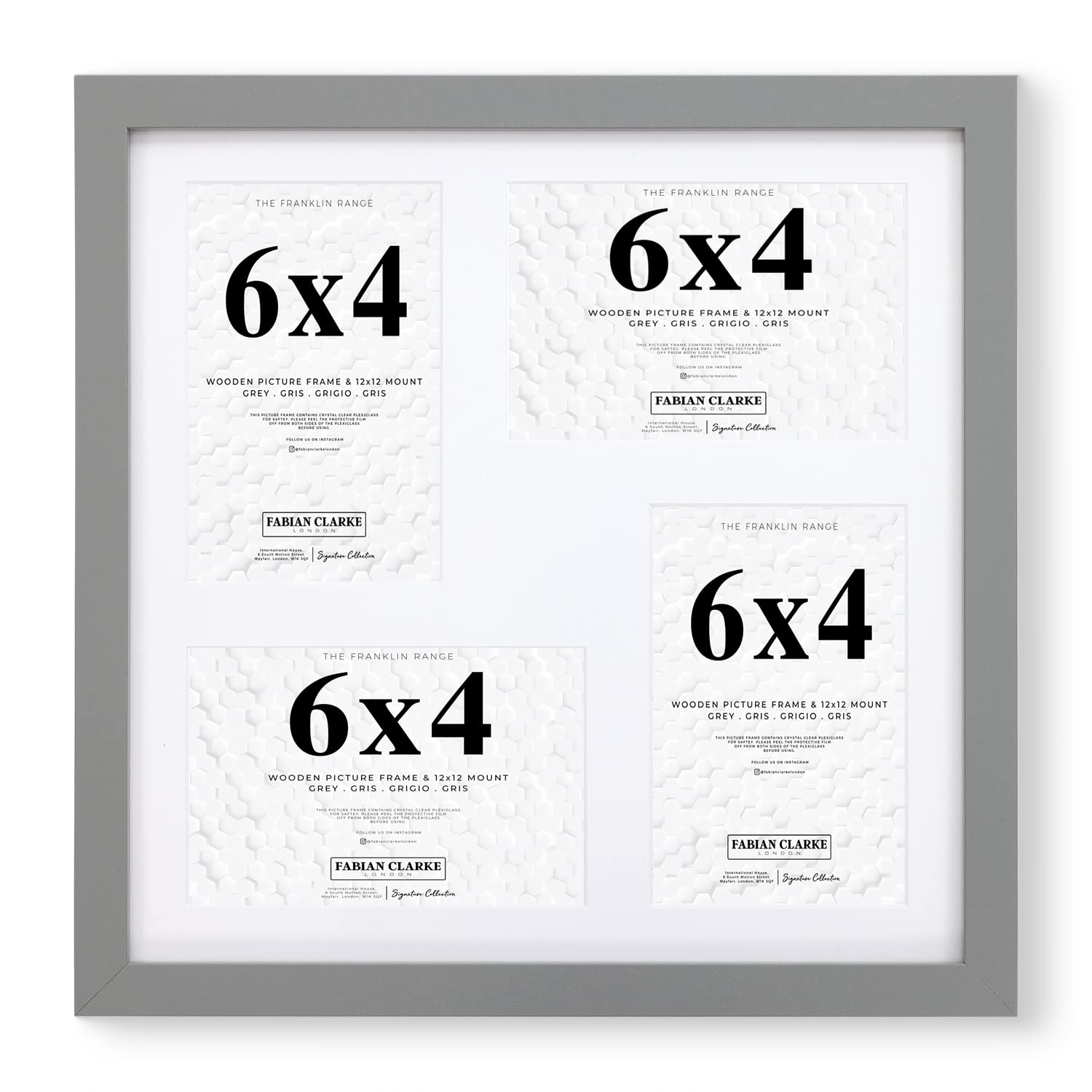 Fabian Clarke London® Grey 12x12” Square Picture Frame Multi Aperture with White Mount that Holds 4x 6x4” Photos Pictures Includes Glass Front