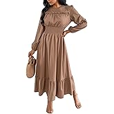 Kwunbwa Womens Elegant Long Sleeve Maxi Dress Casual Pleated Tiered A Line Wedding Dresses Flowy Cocktail Party Dress