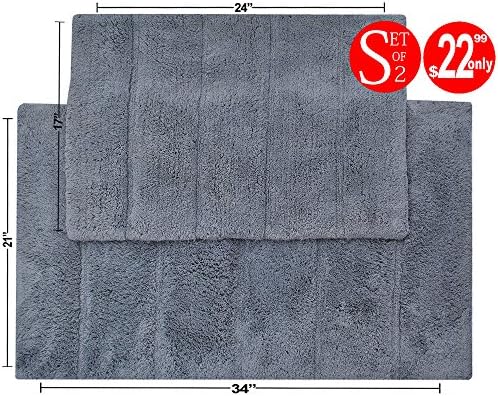 Value Homezz ( 2 Piece Bathmat Set ) Stripes design 100% Super Soft Cotton Tufted Accent Bath Rugs Size 21 x 34 / 17 x 24 Non Skid High Absorbency &amp; Durable Machine washable Bath Mat (Grey)