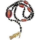 BONITTER Black Holy Death's Necklace Wooden Santa Muerte Necklace Red Rosaries Beads Blessing Crafted Rosario de la santa muerte Prayer Gift For Women Men
