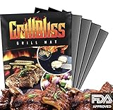 Grill Mat by GrillBliss | 100% non-stick, Heavy duty, cooking mats | Grill Blissfully!! Set of 4 BBQ Bake,liners,Reusable, FDA approved perfect for Gas,Charcoal,Electric grille