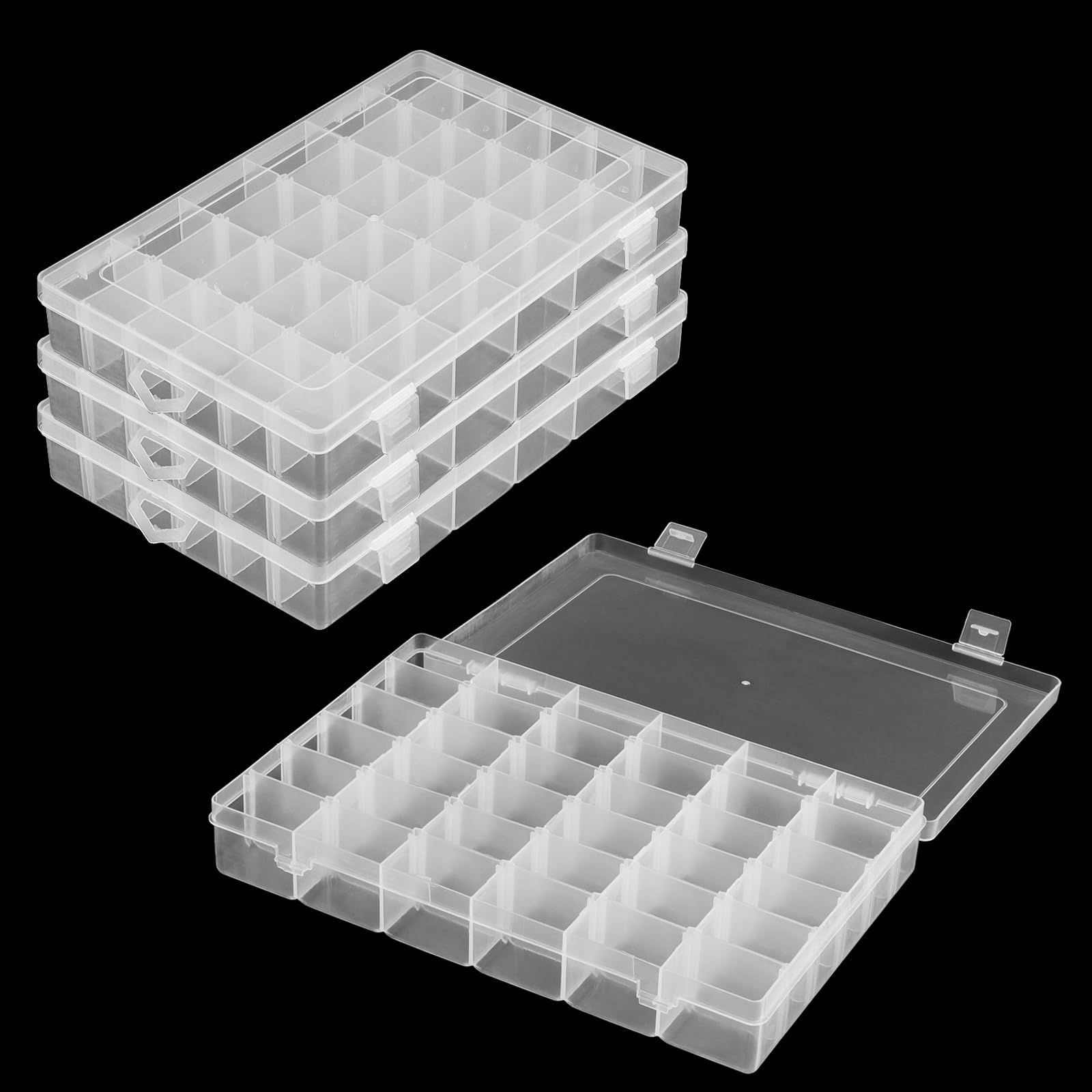 MANCHAP 4 PCS 36 Grids Bead Organiser Storage Box with Adjustable Compartments, 27 x 17 x 4cm Clear Plastic Jewellery Organisers for Art Crafts