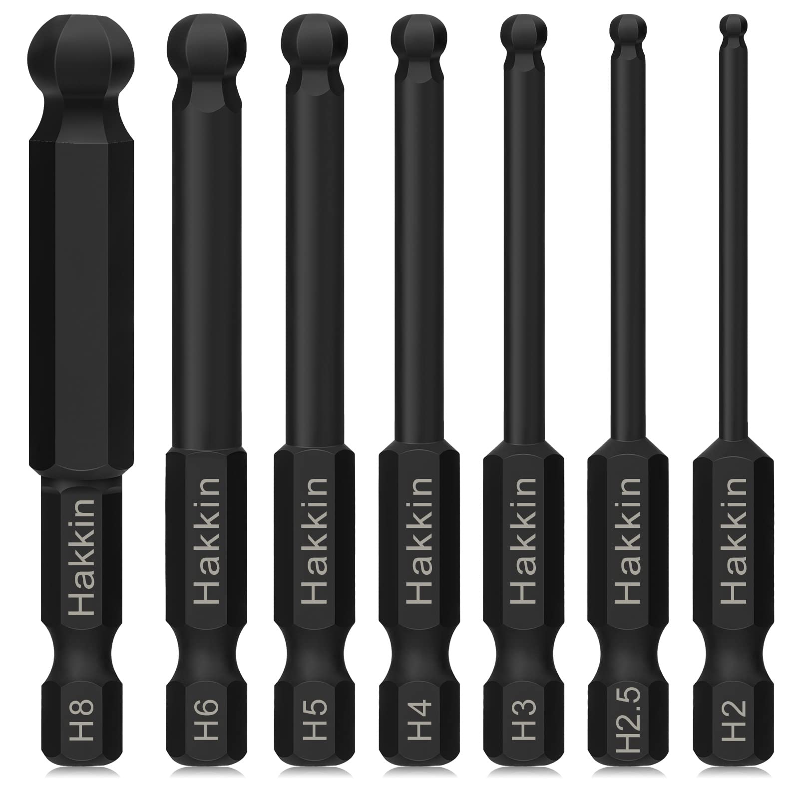 Hakkin 7Pcs Ball End Allen Key Bit Set S2 Steel Hex Bits 1/4" Hex Shank Magnetic hex Allen Wrench Screwdriver Bit for Furniture Assembly Phosphating Black 65mm Metric H2-H8