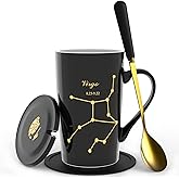 FULLCCI Virgo Birthday Gifts for Women 15oz Ceramic Coffee Mug with Lid Spoon Coaster Astrology Mugs Upgrade Porcelain Tea Cup Virgo Gifts (Black-Gold)