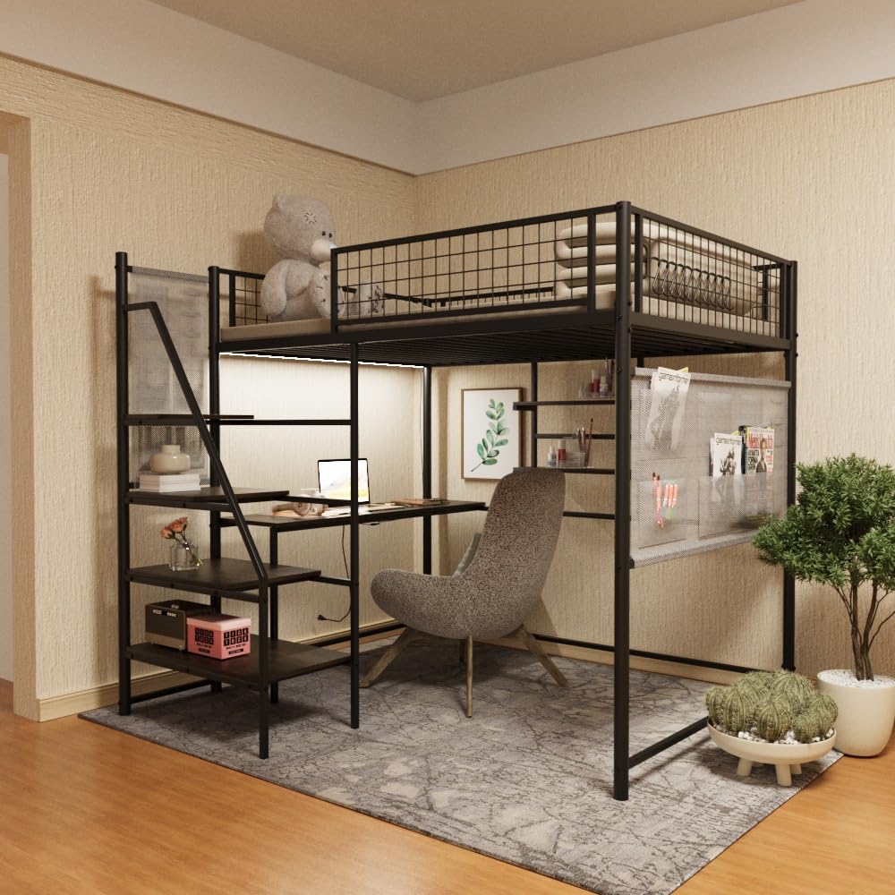 Photo 1 of Ball & Cast Full Size Loft Bed with Desk,Built-in Charging Station & LED Lighting,Metal Frame with 2 Storable Cloth Bag & Slats,Space-Saving for Bedroom,Dorm,Study & Apartment,No Box Spring Need,Black
