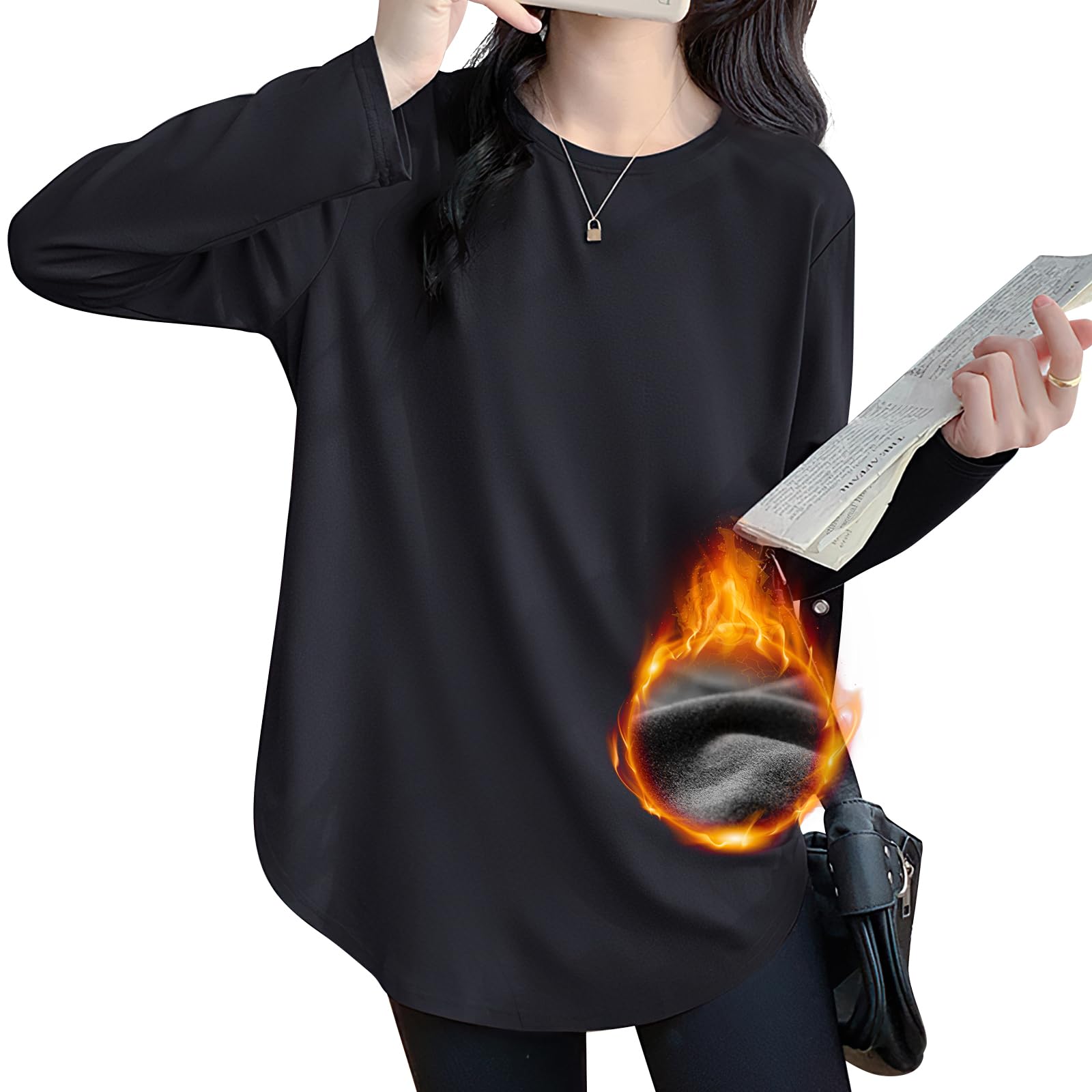 Adcey Women's Long Sleeve T-Shirt, Top, Cut and Sewn, Cold Protection, Round Neck, Soft, Slimming, Loose, Layered, Underwear, Plain, Simple, Durable, Beautiful