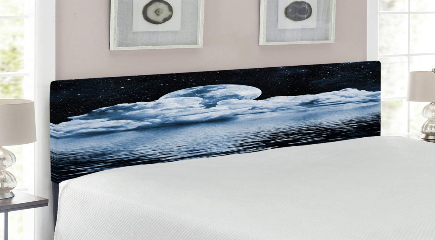 Ambesonne Moon Headboard, Moon Setting Over Clouds Water