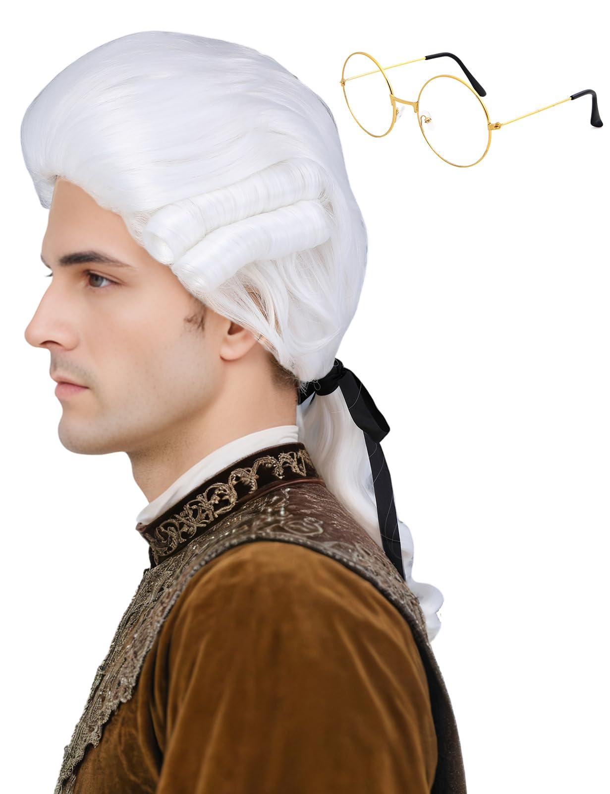 Photo 1 of Bettecos Mens Judge Colonial Wig with Glasses Long White Powdered Wavy Wig Costume Cosplay Halloween Party Wigs (White)
