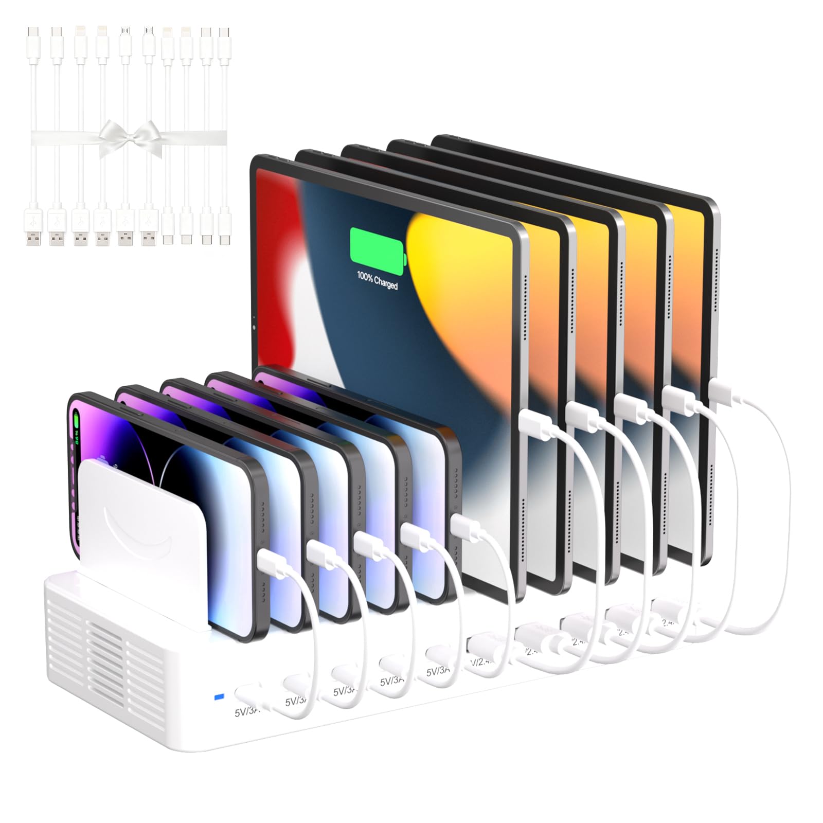 Photo 1 of 100W Charging Station for Multiple Devices, 10-Port USB Fast Charging Station with Adjustable Dividers & 10 Cables- Multi Device Organizer Charging Dock for iPhone, iPad, Tablets & More(White)