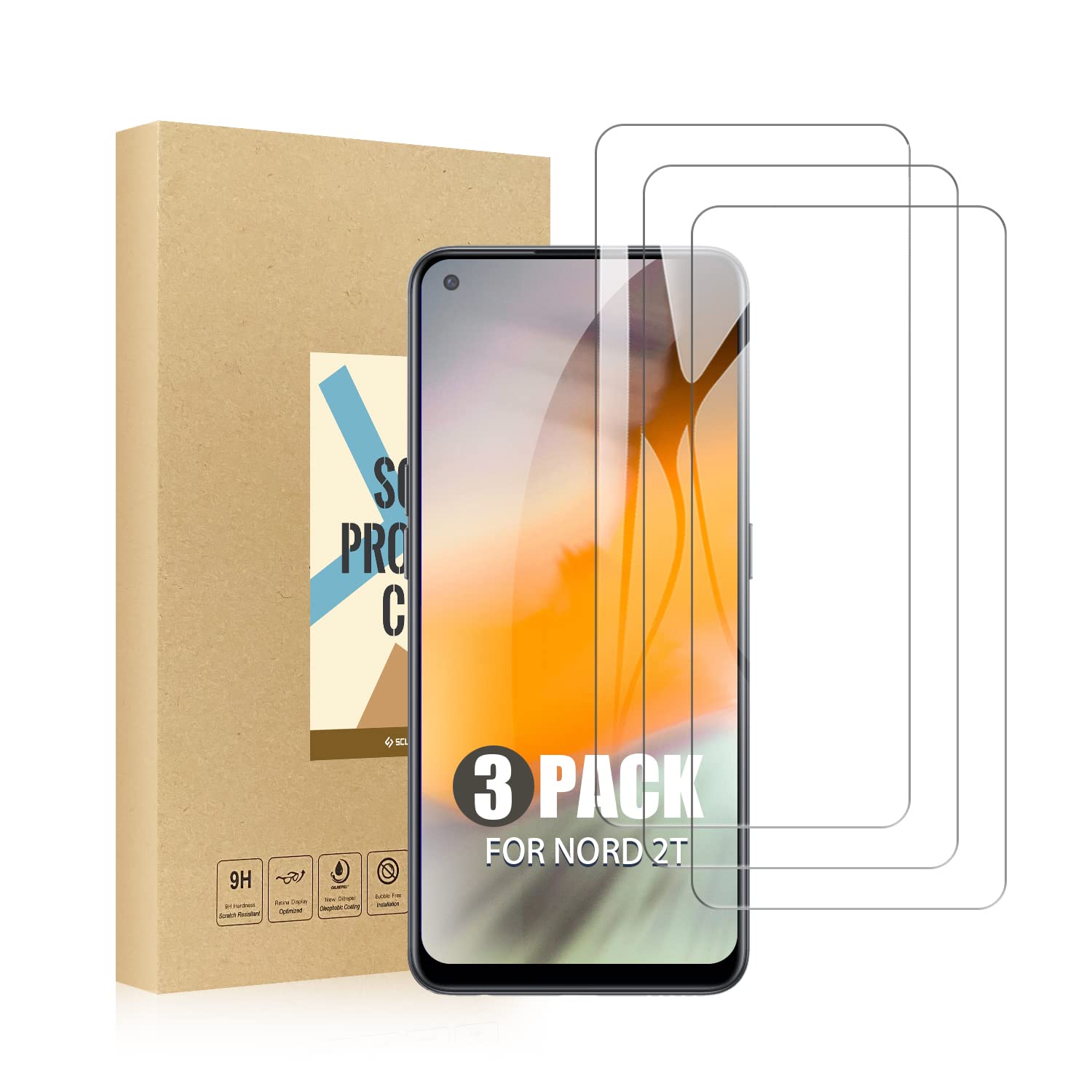 SCL Screen Protector Compatible with OnePlus Nord 2T 5G Screen Protector OnePlus Nord 2T Tempered Glass Film [3-Pack], [Easy Installation, Case Friendly, Bubble-free, 9H]