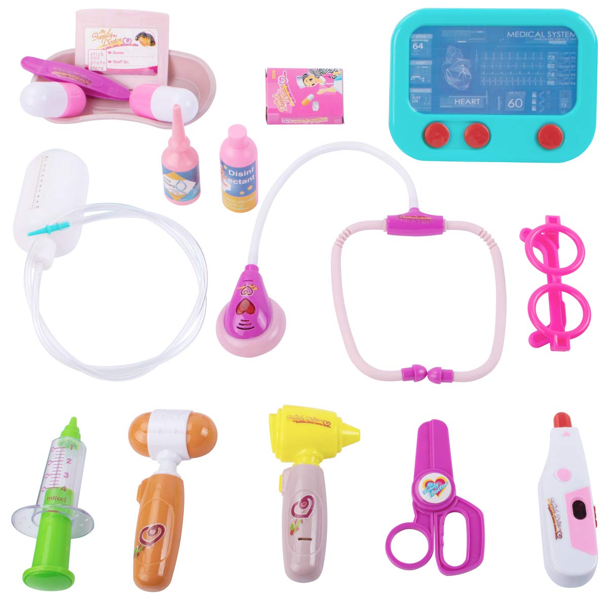 UNIH Doctor Cart Kit for Kids 3 4 5, Medical Play Set Realistic with Lights Toddlers Toys for Boys Girls 2-4 (Pink)