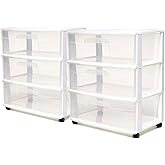 HOMZ 2-Pack Drawer Tower, 3-Tier Wide Clear Plastic Storage Organizer Cart, White Frame - Organizing Containers with Wheels for Home, Bathroom, Bedroom, Office, and Classroom