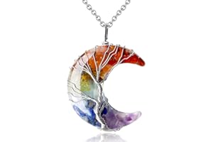 MAIBAOTA Healing Crystal Necklace, Tree Life Wire Wrapped Crescent Moon Necklace, Natural Stone Pendant Necklaces, Mothers Day Gifts for Mom, Gemstone Jewelry Gifts for Women