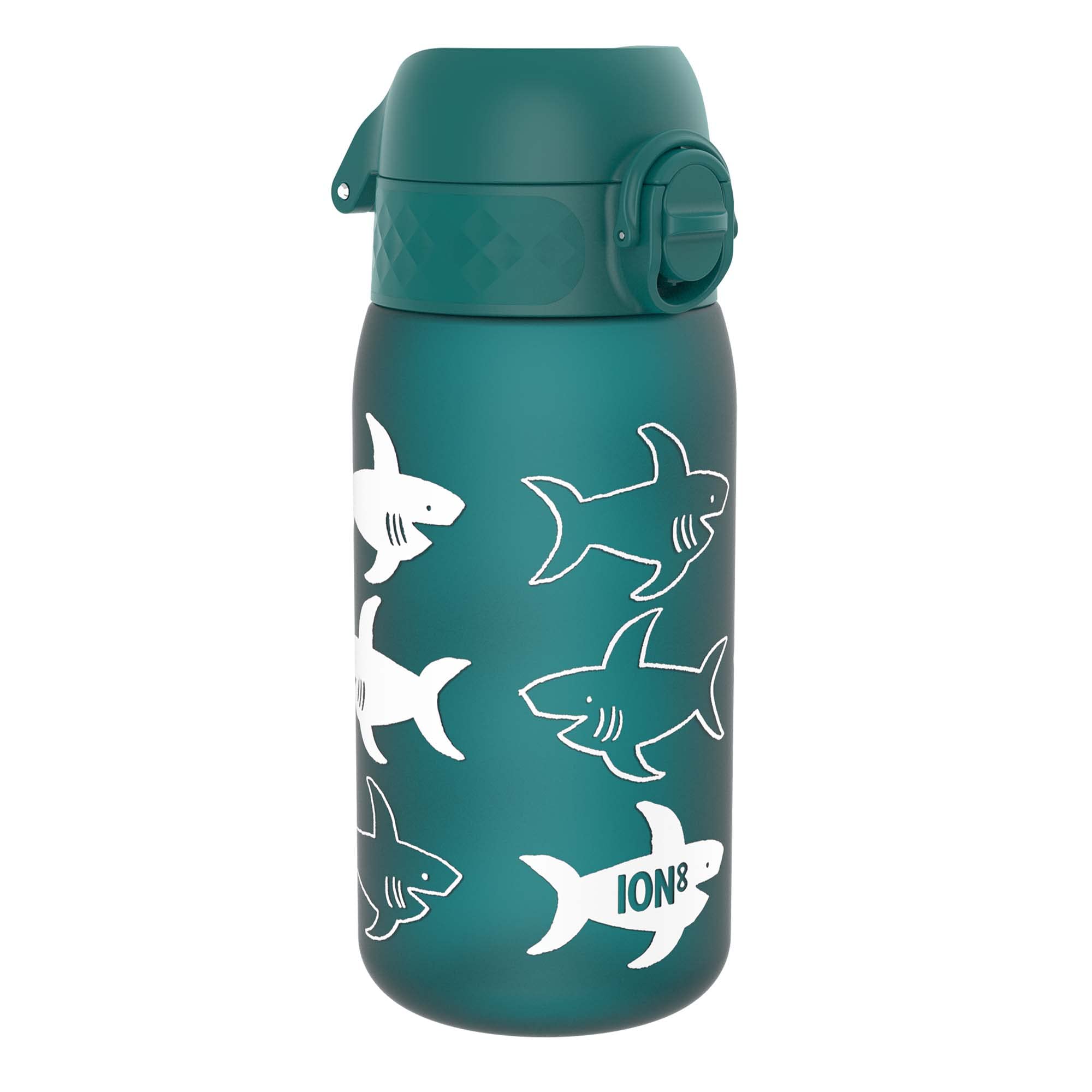 Ion8 Kids Water Bottle, 350 ml/12 oz, Leak Proof, Easy to Open, Secure Lock, Dishwasher Safe, BPA Free, Carry Handle, Hygienic Flip Cover, Easy Clean, Odour Free, Carbon Neutral, Blue, Sharks