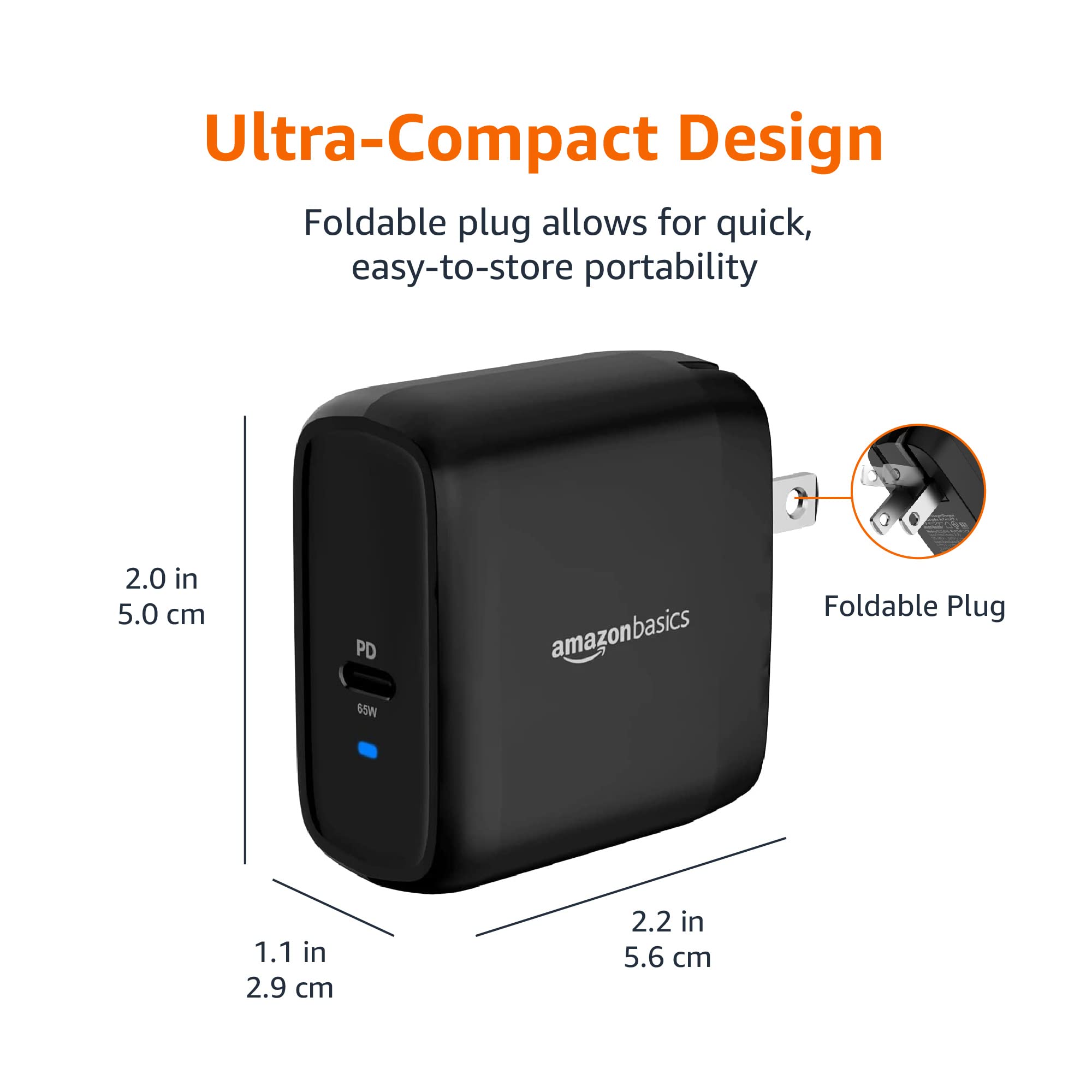 Amazon Basics 65W One-Port GaN USB-C Wall Charger with Power Delivery PD, Foldable Plug, for Laptops, Tablets & Phones, Black
