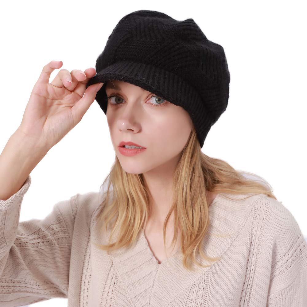 ToVii Womens Winter Beanie Hat with Visor Cable Knit Newsboy Cap Soft Fleece Lined Beret Skull Cap for Lady Black