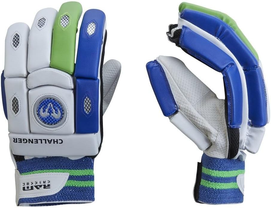 Ram Cricket Challenger Batting Gloves - Available In Right & Left Handed - White/Blue/Lime (Left Hand - Small Mini Junior)