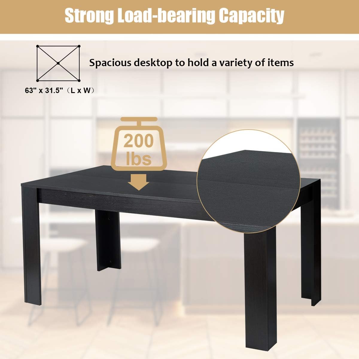 Giantex Wood Dining Table Rectangular Kitchen Table Modern Home Furniture 63" Lx31.5 Wx30 H (Black) - Tables