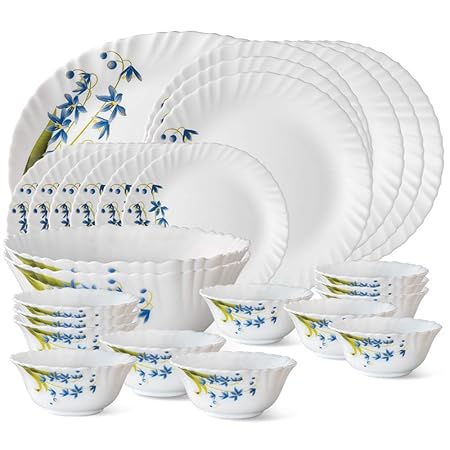 Larah by Borosil Lavender Opalware Dinner Set, 27-Pieces, White