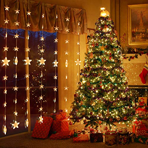 TOFU 80 Stars 144 LED Curtain String Lights, Window Curtain Lights with 8 Flashing Modes & Remote Control, Decoration for Christmas, Wedding, Party, Home, Bedroom, Patio Lawn, Warm White - Thumbnail 3