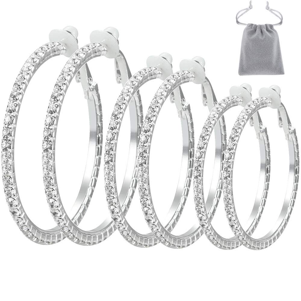 Elicola 3 Pairs Clip On Hoop Earrings With Cubic Zirconia Non Piercing Earrings Set for Women Girls, Silver 35-55mm