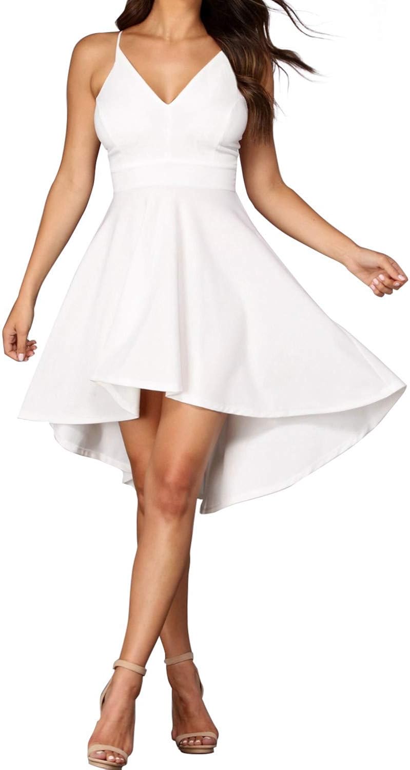 FANCYINN Women High-Low Hem Dress Spaghetti Straps Deep V Neck Floral Backless A Line Skater Cocktail Dresses with Pockets: Clothing