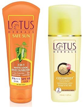 Lotus Herbals Safe Sun 3-In-1 Matte Look Daily Sunblock, SPF 40, 100g & Herbals Cocomoist Cocoa Butter Moisturising Lotion, 170ml Combo