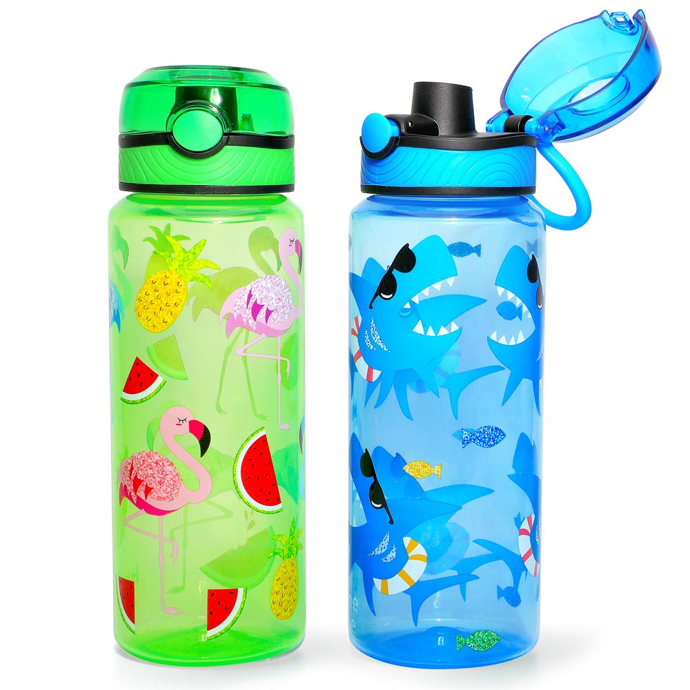 Home Tune Kids Water Drinking Bottle (680ml) - BPA Free, Auto Push Button, Chug Lid, Carry Loop Lightweight, Leak-Proof Water Bottle with Cute Design For Girls & Boys - 2 Pack Shark & Fruit