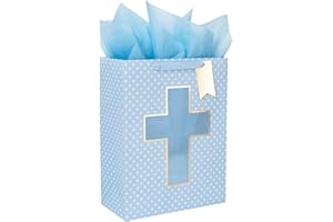 Loveinside Blue Gift Bag with Cross Design, Tissue Paper for Baby Boy Baptisms, Christenings, First Communions Religious Occasion- 10" x 5" x 13", 1 Pcs