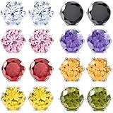 MOWOM Multicolor 3~10 mm 16 PCS Stainless Steel Stud Earring CZ Round Square Royal King Crown Set ( 8 Pairs )
